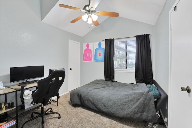 bedroom featuring ceiling fan, carpet floors, and vaulted ceiling