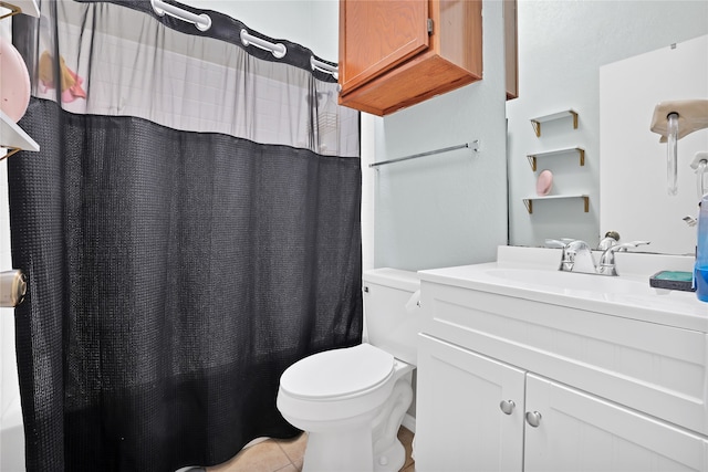 full bathroom featuring shower / bathtub combination with curtain, tile patterned flooring, vanity, and toilet