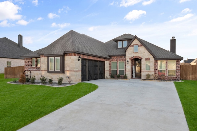 view of front of house featuring a garage and a front lawn