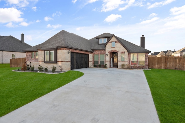 french country home with a front lawn and a garage