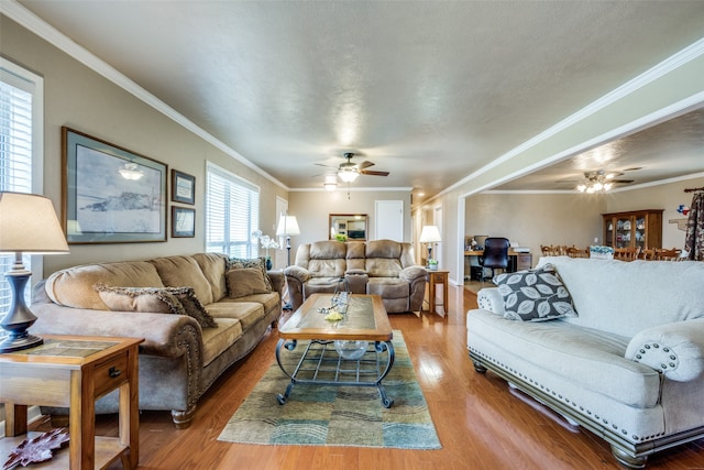 living room featuring wood-type flooring, ceiling fan, and a wealth of natural light