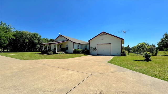 single story home featuring covered porch and a front yard