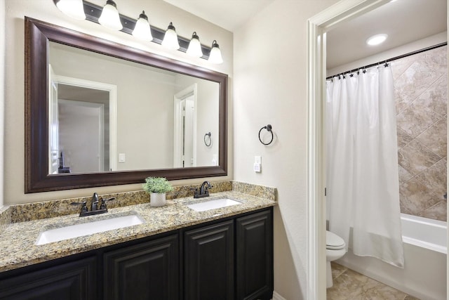 1104 Dove Haven Dr, Mansfield, TX 76063 - bathroom with double vanity, a sink, shower / tub combo with curtain, and toilet