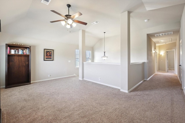 1104 Dove Haven Dr, Mansfield, TX 76063 - unfurnished living room with ceiling fan, carpet, baseboards, lofted ceiling, and visible vents