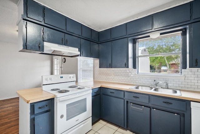 kitchen with white appliances, decorative backsplash, sink, and blue cabinets