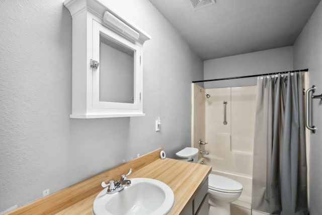 full bathroom with vanity, toilet, shower / bath combo with shower curtain, and wood-type flooring