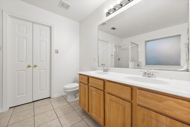 bathroom with walk in shower, vanity, toilet, and tile patterned floors