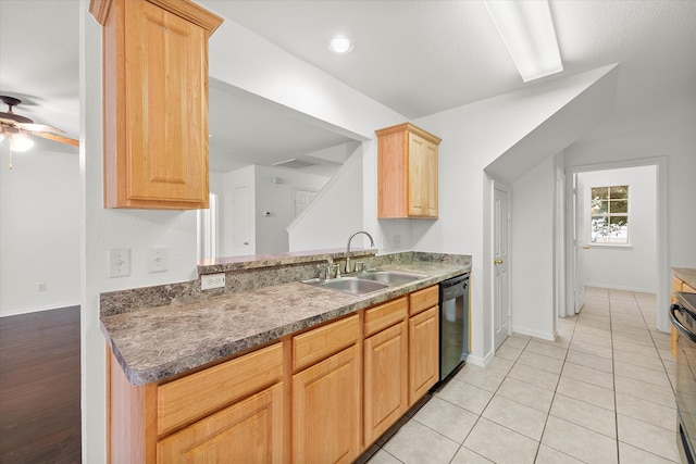 kitchen featuring black dishwasher, ceiling fan, light brown cabinets, and sink