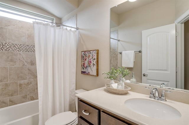 full bathroom with vanity, toilet, and shower / bathtub combination with curtain