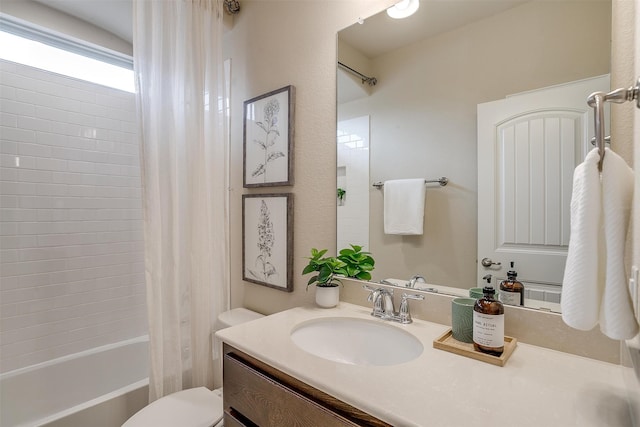 full bathroom with vanity, toilet, and shower / bath combination with curtain