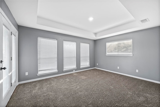 spare room with carpet flooring and a tray ceiling