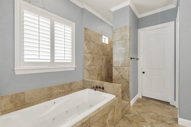 bathroom featuring tile patterned flooring, a relaxing tiled tub, and crown molding