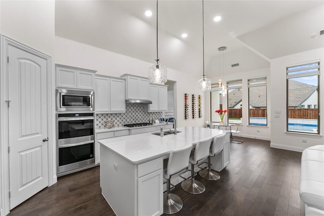 kitchen featuring under cabinet range hood, a sink, light countertops, appliances with stainless steel finishes, and backsplash