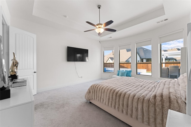 bedroom with a tray ceiling, multiple windows, and ceiling fan