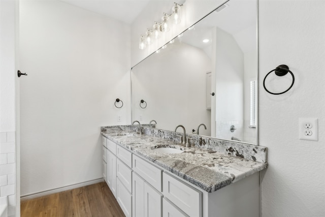 bathroom with wood-type flooring and vanity