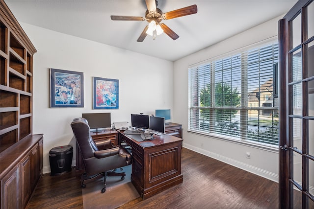 office with dark wood-type flooring and ceiling fan