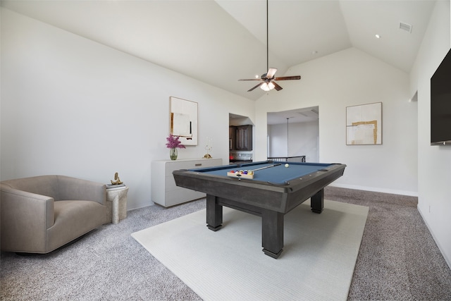 rec room with ceiling fan, high vaulted ceiling, carpet, and pool table