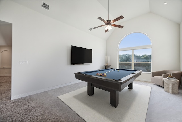 game room with ceiling fan, high vaulted ceiling, pool table, and light colored carpet