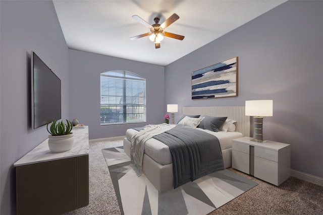 bedroom featuring ceiling fan and light colored carpet