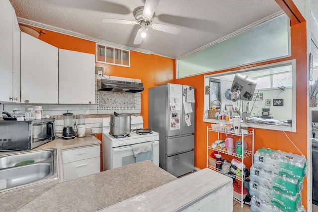 kitchen with ceiling fan, white cabinets, stainless steel appliances, and exhaust hood