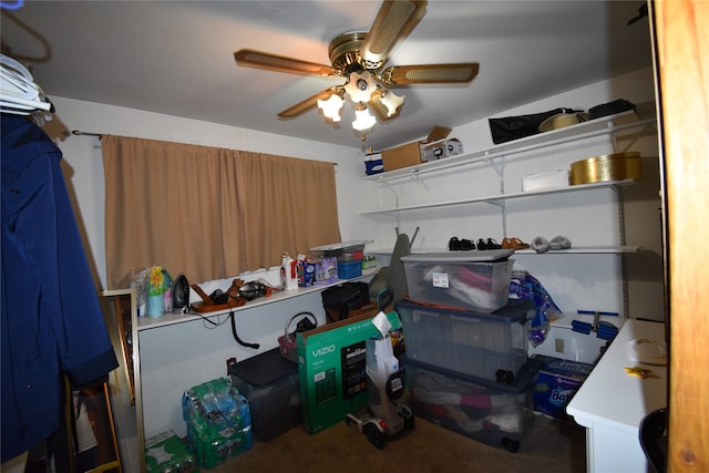 storage room with ceiling fan