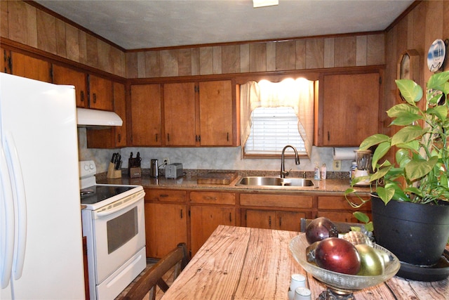 kitchen with ornamental molding, sink, and white appliances