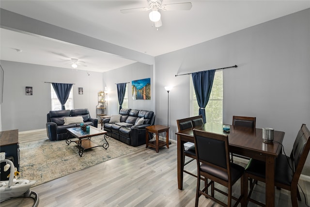 dining space with ceiling fan and light hardwood / wood-style flooring