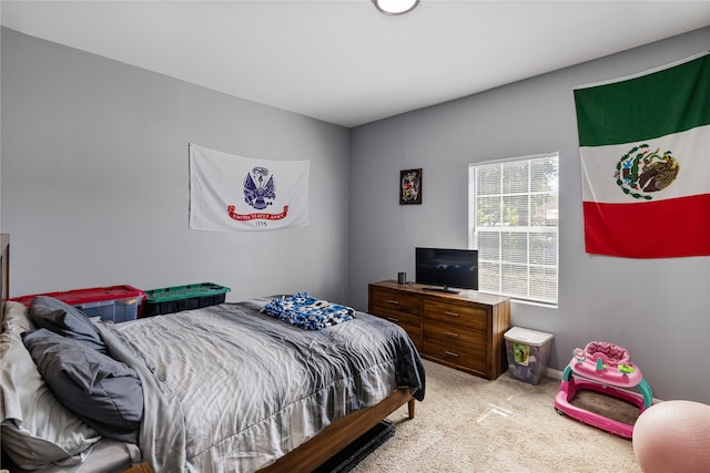 bedroom with light colored carpet