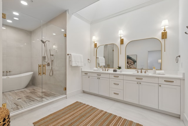 bathroom featuring tile patterned floors, vanity, and independent shower and bath