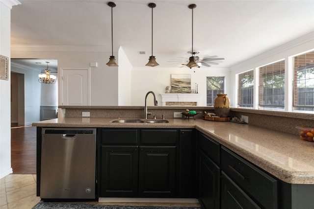 kitchen featuring sink, ceiling fan with notable chandelier, light hardwood / wood-style flooring, ornamental molding, and stainless steel dishwasher