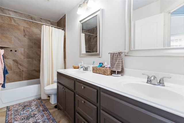 full bathroom featuring vanity, toilet, shower / bathtub combination with curtain, and tile patterned floors