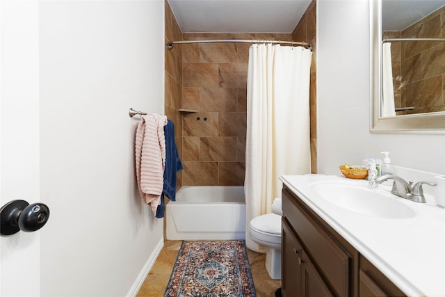 full bathroom featuring vanity, toilet, shower / bath combo with shower curtain, and tile patterned floors