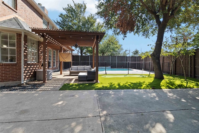 exterior space featuring a pergola, an outdoor living space, a fenced in pool, and a patio area