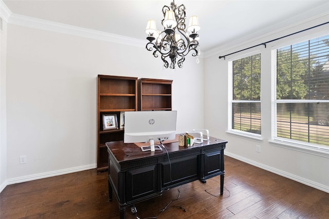 office featuring a chandelier, dark hardwood / wood-style flooring, and crown molding