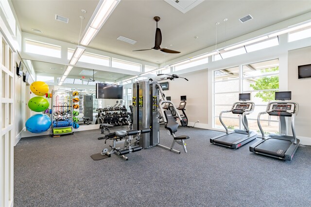 gym featuring ceiling fan