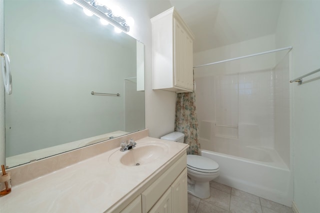 full bathroom featuring shower / bath combination with curtain, tile patterned floors, vanity, and toilet