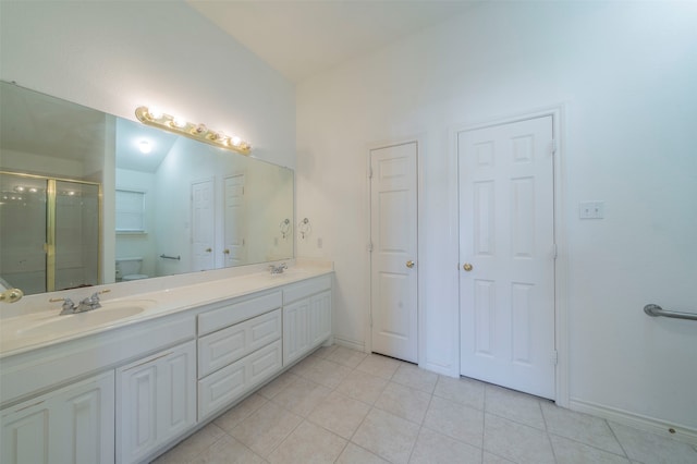 bathroom featuring vanity, walk in shower, tile patterned flooring, lofted ceiling, and toilet