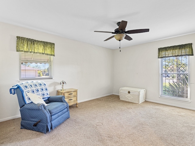 living area featuring ceiling fan, carpet, and a wealth of natural light