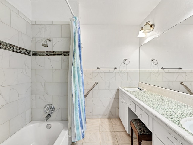 bathroom featuring tile walls, shower / tub combo with curtain, tile patterned floors, and vanity