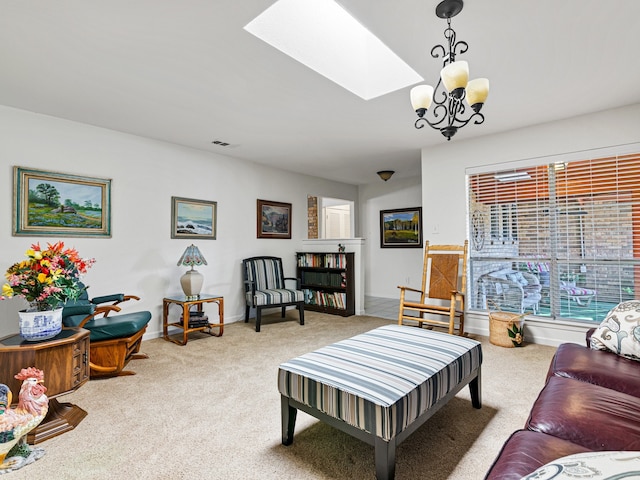 living room featuring light carpet, a skylight, and a notable chandelier