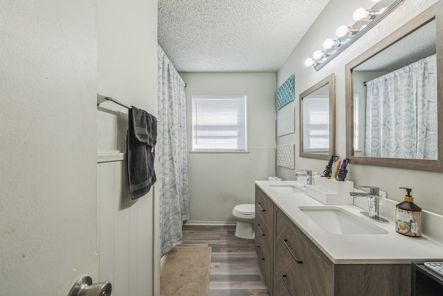 bathroom with vanity, hardwood / wood-style flooring, toilet, and a textured ceiling