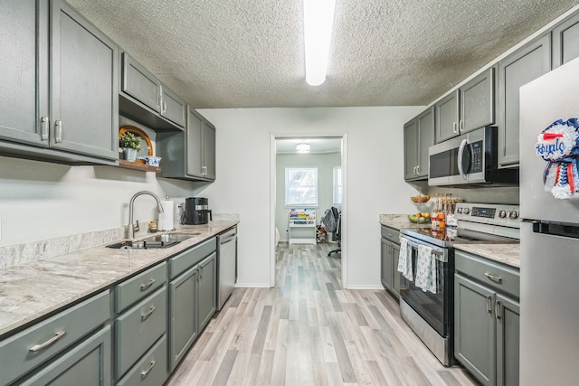 kitchen with sink, a textured ceiling, light hardwood / wood-style flooring, gray cabinets, and appliances with stainless steel finishes