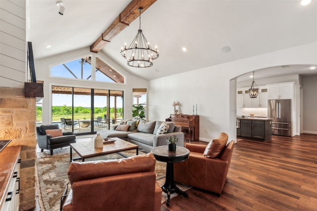 living room featuring beam ceiling, dark hardwood / wood-style floors, a chandelier, and high vaulted ceiling