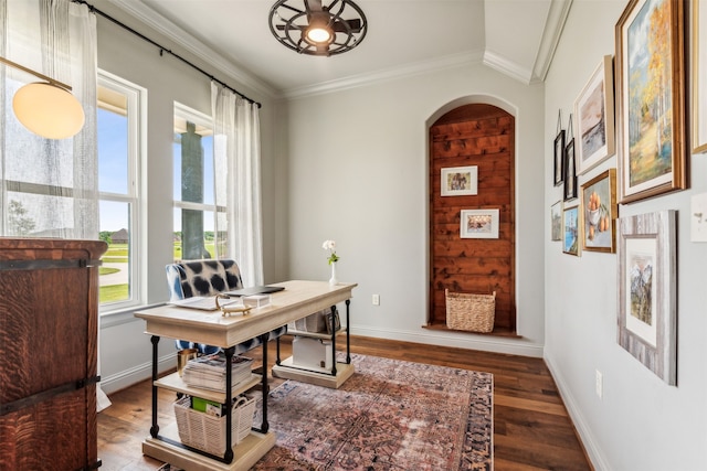 office area featuring ornamental molding, ceiling fan, dark wood-type flooring, and a wealth of natural light