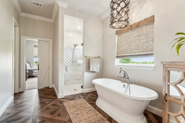 bathroom with crown molding, parquet flooring, and plus walk in shower