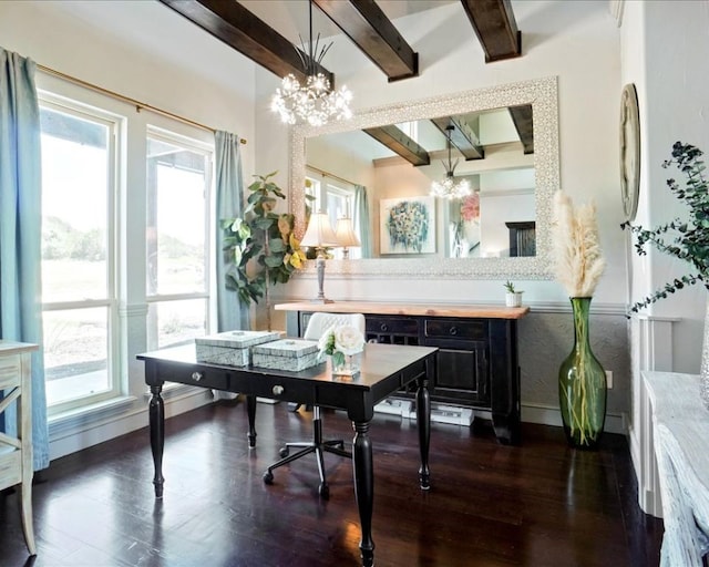 dining room featuring vaulted ceiling with beams, dark hardwood / wood-style flooring, and a notable chandelier