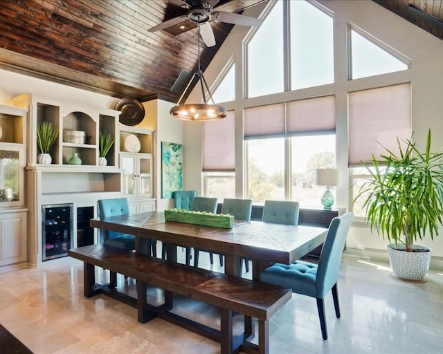 dining area with wood ceiling, ceiling fan, built in shelves, and high vaulted ceiling