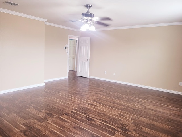 unfurnished room with dark wood-type flooring, ceiling fan, and crown molding