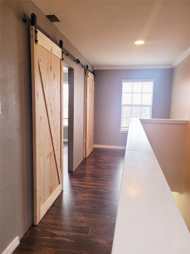 corridor with a barn door, dark hardwood / wood-style flooring, ornamental molding, and a wealth of natural light