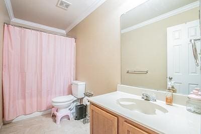 full bathroom featuring vanity, toilet, ornamental molding, and shower / tub combo